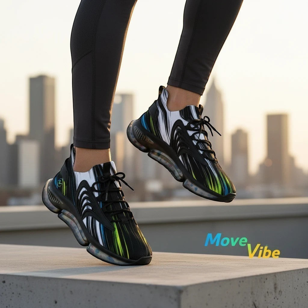 Move Vibe performance running sneakers featuring a black and white abstract print with neon green accents and mesh knit.