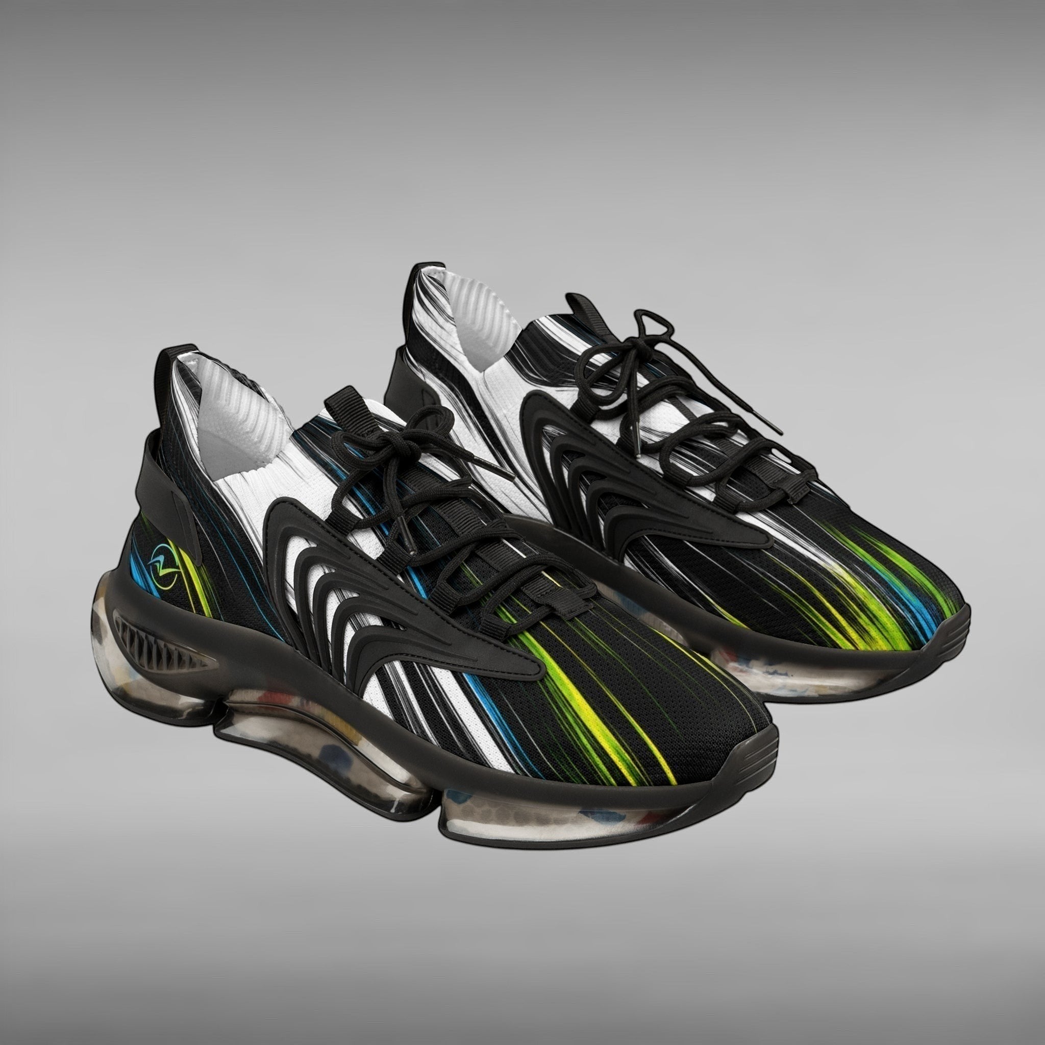Move Vibe performance running sneakers featuring a black mesh upper with vibrant green and blue abstract line patterns.
