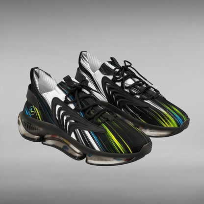 Move Vibe performance running sneakers featuring a black mesh upper with vibrant green and blue abstract line patterns.