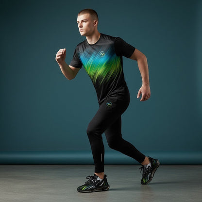 Move Vibe performance running sneakers with black mesh and green accents worn by a male athlete in a studio setting