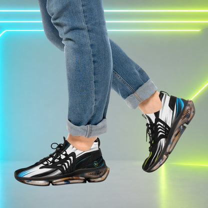 Move Vibe performance running sneakers with black and white abstract print, mesh upper, and cushioned sole on a model.