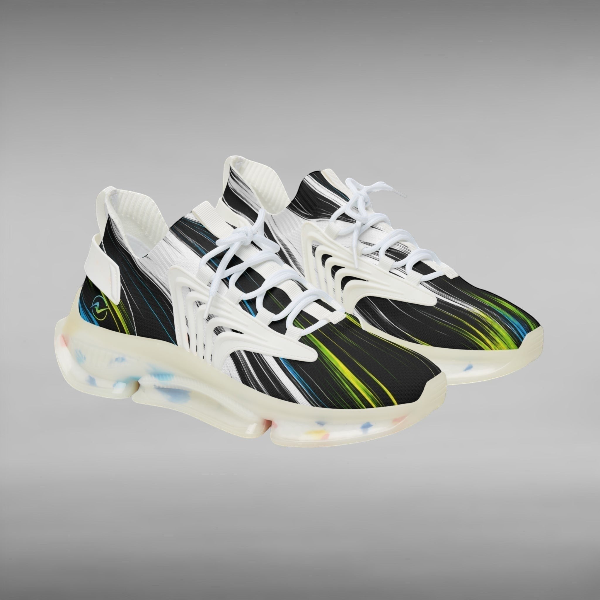 Move Vibe performance running sneakers featuring a black mesh upper with vibrant green and blue abstract streaks.
