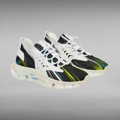 Move Vibe performance running sneakers featuring a black mesh upper with vibrant green and blue abstract streaks.