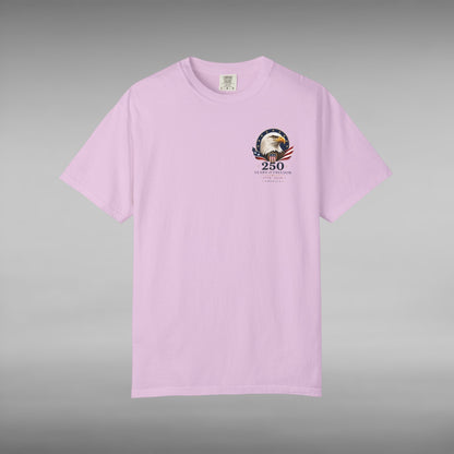 Move Vibe light pink garment-dyed cotton t-shirt featuring a small America 250 Years of Freedom eagle chest emblem.