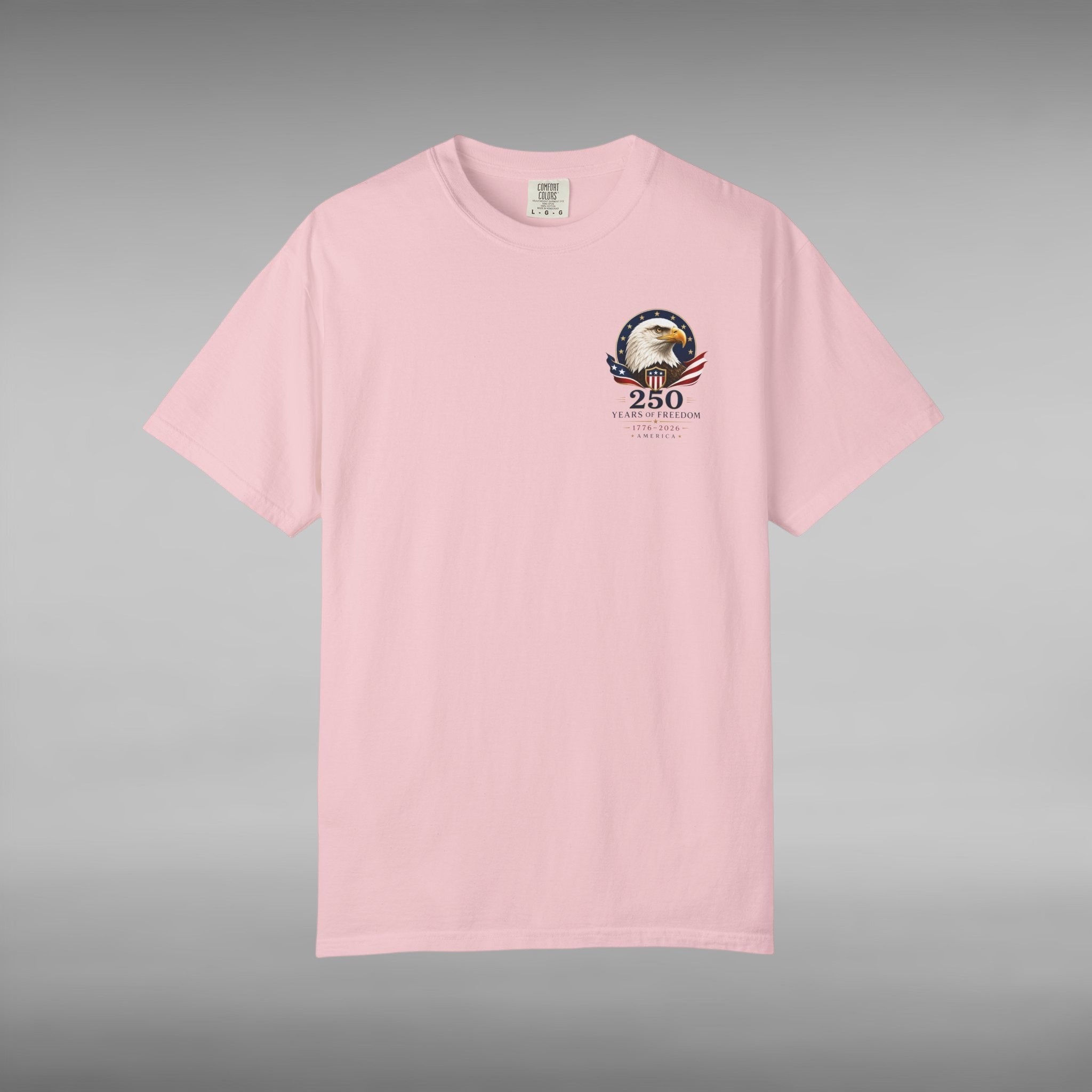 Move Vibe light pink garment-dyed cotton t-shirt featuring a small eagle and 250 years of freedom chest emblem