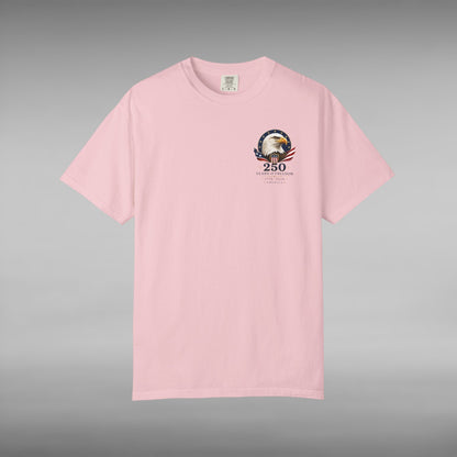Move Vibe light pink garment-dyed cotton t-shirt featuring a small eagle and 250 years of freedom chest emblem