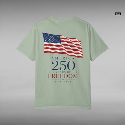 Move Vibe sage green garment-dyed cotton t-shirt featuring a back graphic of a waving American flag and 250th text.