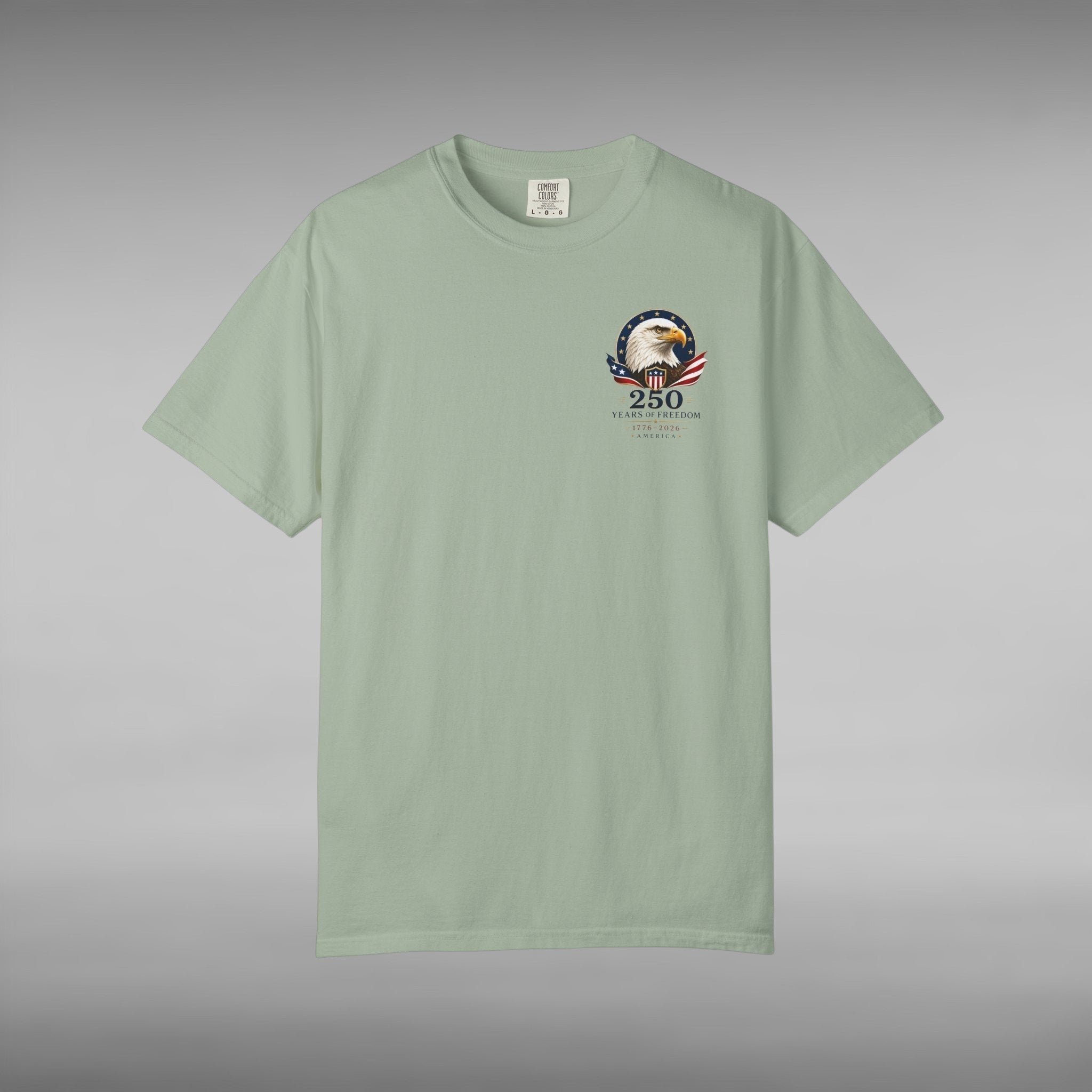 Move Vibe sage green garment-dyed cotton t-shirt featuring a commemorative eagle and 250 years of freedom chest logo