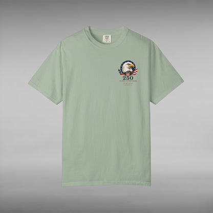 Move Vibe sage green garment-dyed cotton t-shirt featuring a commemorative eagle and 250 years of freedom chest logo