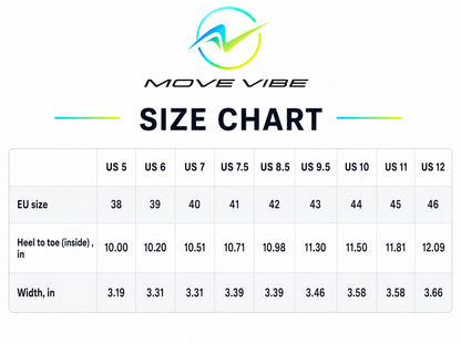 Move Vibe size chart for athletic sneakers showing US and EU sizing conversions with heel to toe measurements