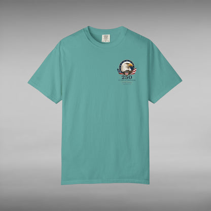Move Vibe teal garment-dyed cotton t-shirt featuring a 250 years of freedom eagle emblem on the front chest