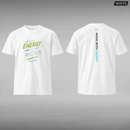 Move Vibe white premium cotton crew neck t-shirt featuring an Energy In Motion graphic in electric lime and slate