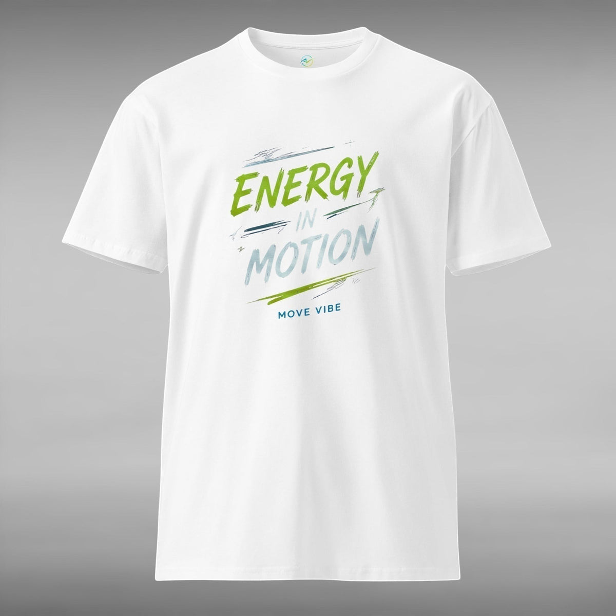 Move Vibe white premium combed cotton crew neck t-shirt with Energy In Motion graphic print on the front
