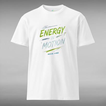 Move Vibe white premium combed cotton crew neck t-shirt with Energy In Motion graphic print on the front
