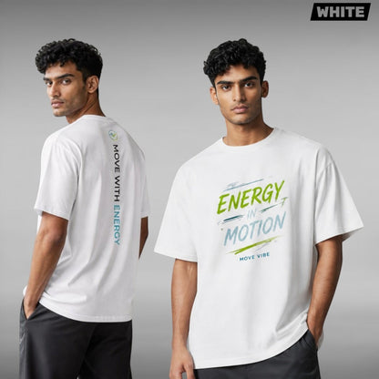 A man wearing a Move Vibe white cotton crew neck t-shirt with Energy In Motion graphic in lime and slate, studio setting