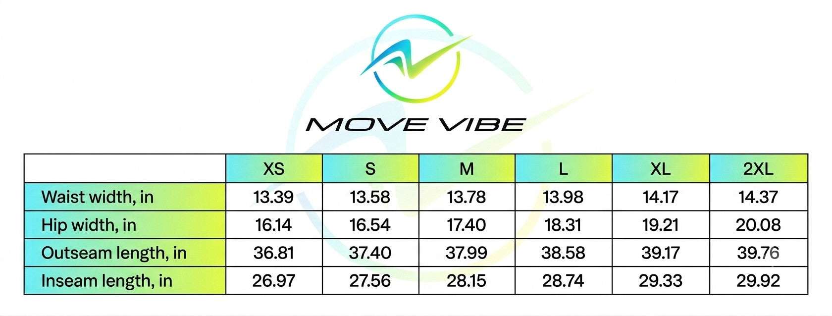 Move Vibe size chart for high-waist yoga leggings showing waist, hip, outseam, and inseam measurements in inches.